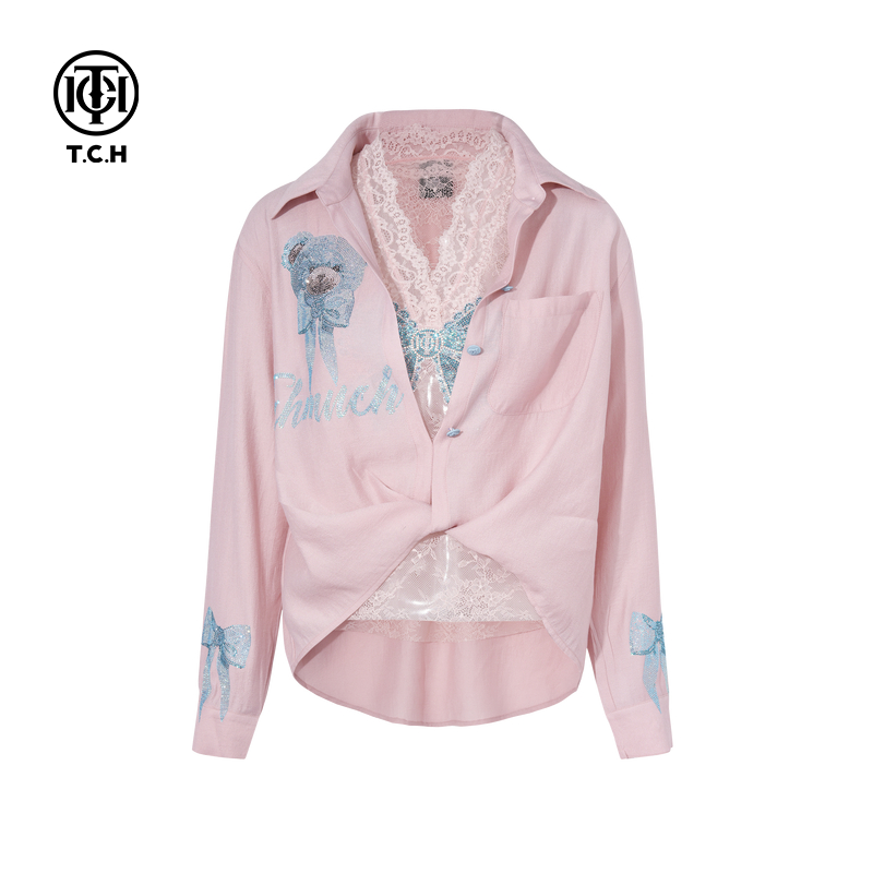 TCH私服烫钻小熊时尚潮流蕾丝内搭衬衫外套25夏季新款T75A07E5032