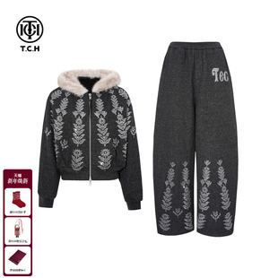 女T75D07E1078 加绒套装 TCH时尚 潮牌花卉烫钻连帽拉链外套休闲裤