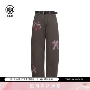新款 T75C20E5052 女2025春季 TCH烫钻潮牌百搭宽松显瘦灰色牛仔裤