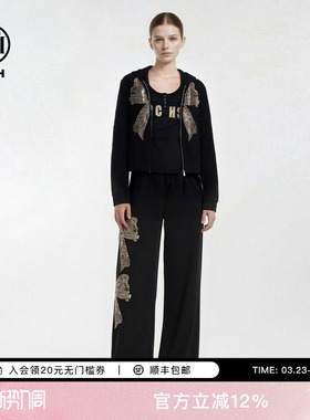 TCH休闲百搭连帽烫钻外套修身长袖T恤女阔腿裤三件套T78A07E1069