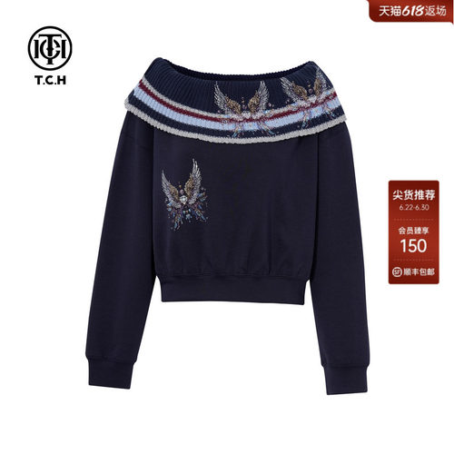 TCH烫钻时尚休闲设计感毛针一字领宽松长袖T恤女T75C08E1020
