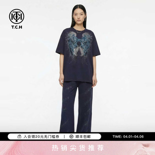 TCH藏青色翅膀烫钻短袖 休闲套装 2026夏新款 T78A07E1171 T恤阔腿裤