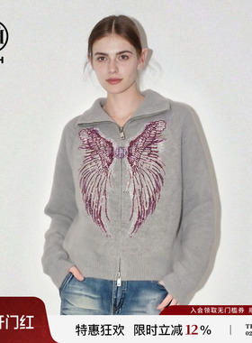 TCH【含兔毛】立领宽松保暖烫钻天使之翼针织开衫女T78A43E1055