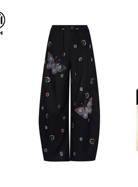 TCH私服烫钻薄款亚麻气质百搭弯刀阔腿宽松休闲长裤女T75B20E5103