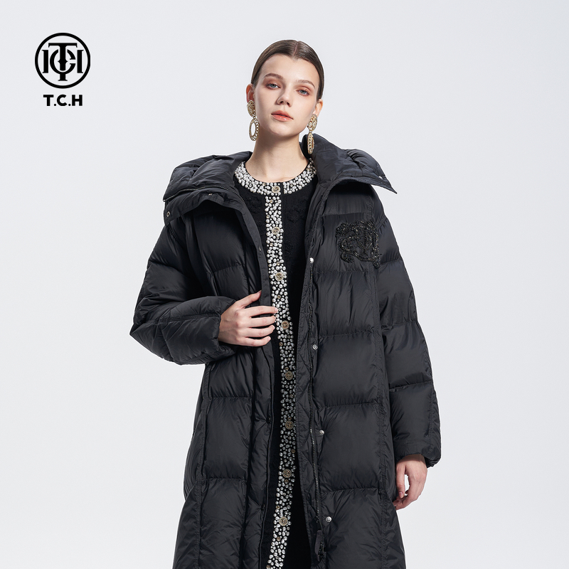 TCH潮牌烫钻翅膀时尚加厚保暖连帽长款羽绒服男女同款24秋冬新款