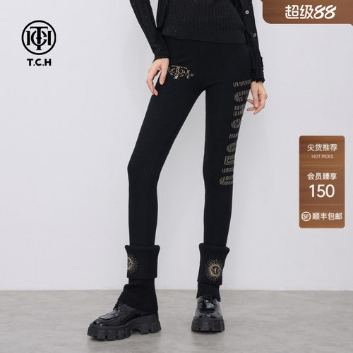 TCH烫钻百搭修身显瘦黑色针织打底裤新款T75C23E5001