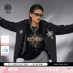 TCH烫钻十字架潮酷风黑色宽松机能风连帽外套男女同款T78A276113