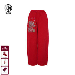 烫钻慵懒风红色阔腿显瘦休闲裤 时尚 女T75D20E1123 新款 TCH2025冬季