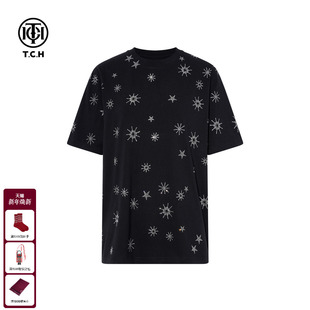 T75D10E1007 T恤男女同款 TCH时尚 潮流烫钻黑色休闲宽松圆领短袖