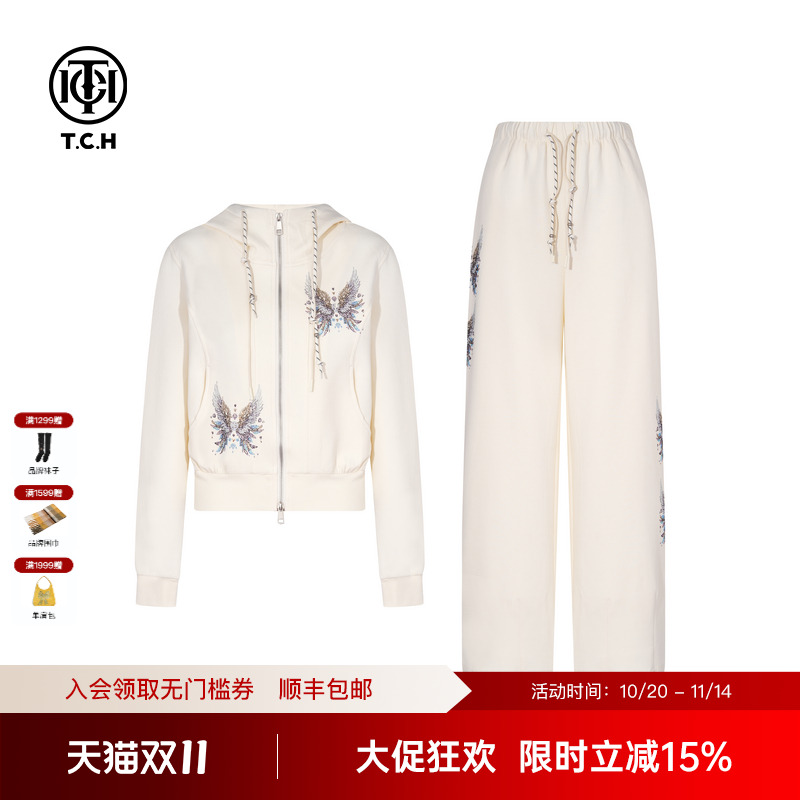 TCH私服烫钻早秋潮流连帽短卫衣外套休闲裤运动套装女T75C07E1030