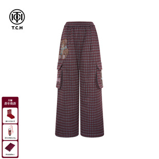 烫钻直筒加绒阔腿裤 女2025秋冬新款 T75D20E1163 裤 TCH红色格子工装