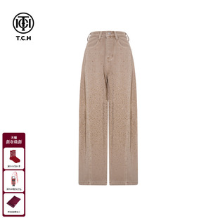 女T75D20E1233 流行烫钻卡其色加绒阔腿宽松牛仔裤 TCH2025冬季 新款