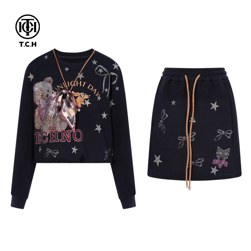 TCH私服烫钻时尚休闲圆领卫衣短裙套装女2025秋季新款T75C07E1069