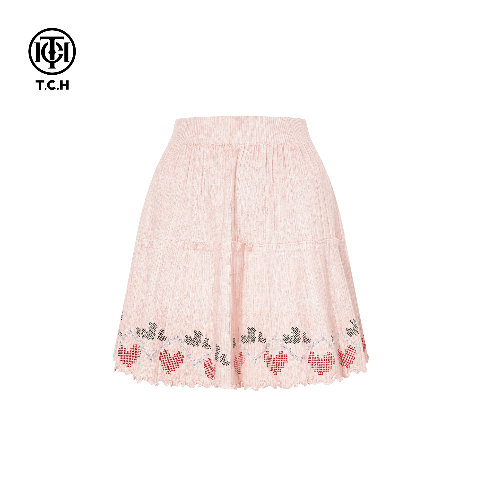 TCH时尚烫钻粉色木耳边针织半裙女25秋冬高腰显瘦短裙T75D22E1037