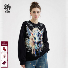 TCH独角兽烫钻马年战袍潮牌百搭圆领卫衣2026春夏新款T78A116003
