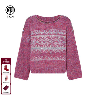 上衣女冬T75D09E5059 洋气减龄宽松圆领针织衫 TCH时尚 烫钻紫色韩版