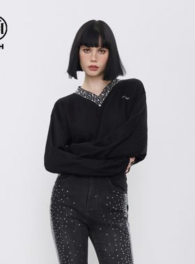 TCH潮牌高定手缝烫钻秋冬黑色短款卫衣T69C11E6003