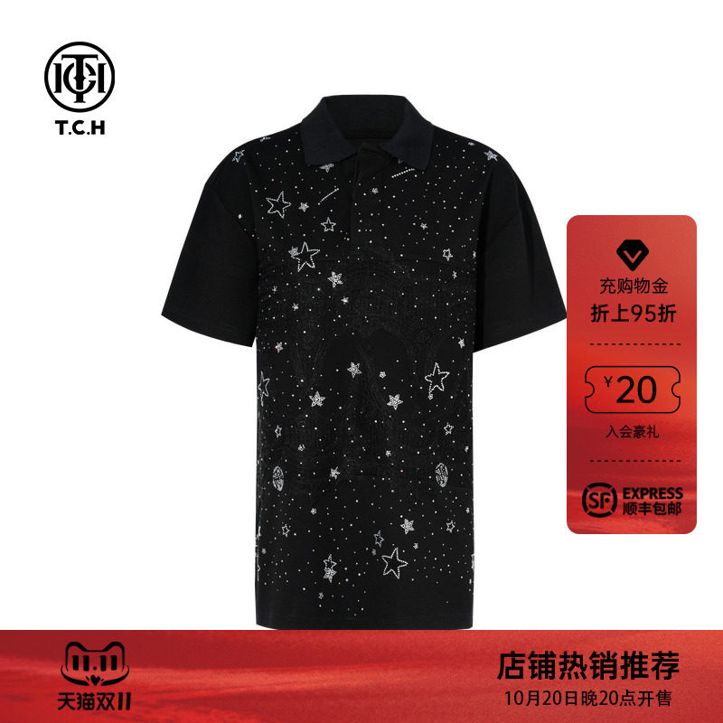 TCH轻奢烫钻时尚休闲短袖T恤百搭宽松翻领polo衫夏季T75B10B1059