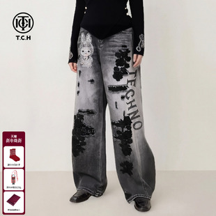 TCH水墨黑花刺绣重工艺做旧弯刀阔腿牛仔裤 女2025秋冬T75C20E5106