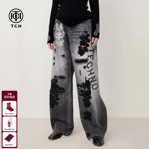 TCH水墨黑花刺绣重工艺做旧弯刀阔腿牛仔裤女2025秋冬T75C20E5106