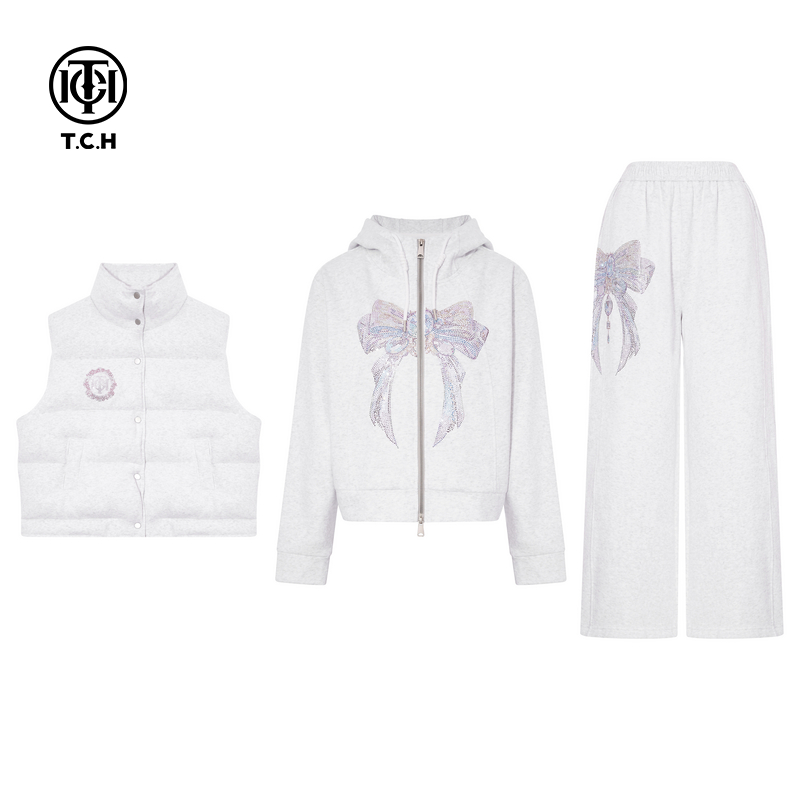 TCH时尚烫钻连帽卫衣外套女直筒休闲裤立领马甲套装潮T75D07E1058