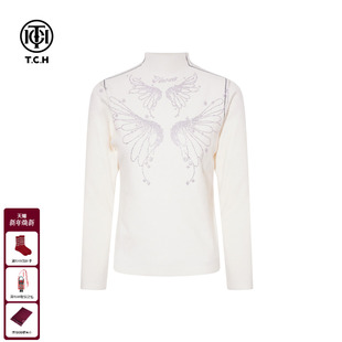 半高领毛衣针织衫 TCH2025冬季 烫钻米色修身 时尚 女T75D09E1247 新款