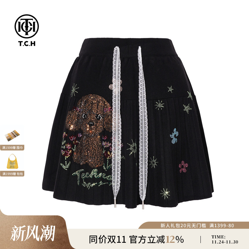 TCH2025冬季新款时尚烫钻松紧腰A字高腰短裙女半身裙T75D22E1025