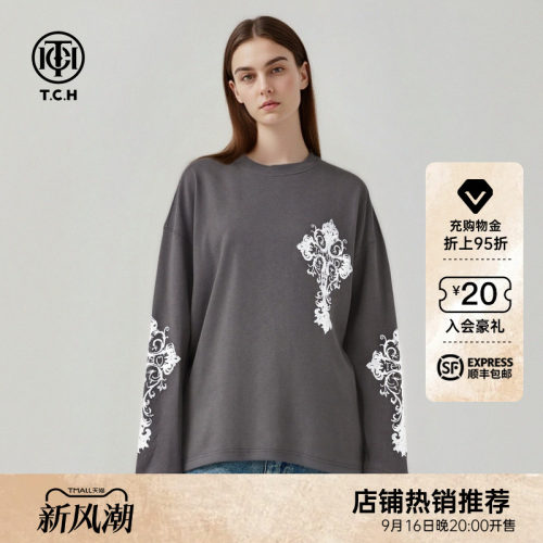 TCH潮流休闲烫钻落肩袖宽松亚麻长袖T恤女2026早秋新款T78A086007