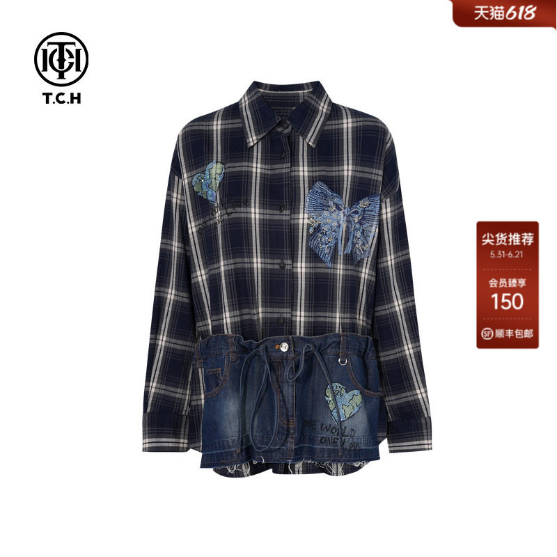 TCH烫钻潮牌街头宽松百搭格子牛仔拼接衬衫外套女T75C13E1027