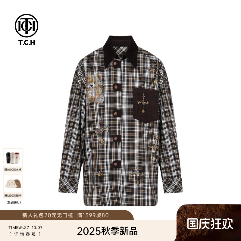 TCH私服烫钻25秋季新款时尚痞帅宽松格纹衬衫男女同款T75C13E1028