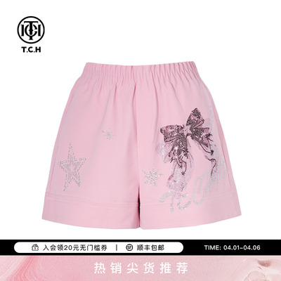 TCH烫钻高腰显瘦百搭宽松时尚气质休闲短裤女夏季T75B21E5146