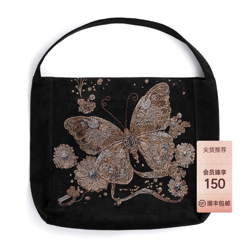 TCH-时尚潮牌蝴蝶花卉logo烫钻黑色手提包T72C40E9001