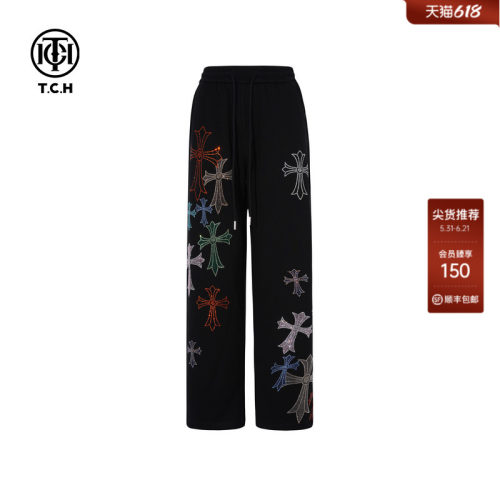 TCH轻奢潮牌十字架烫钻黑色运动裤直筒休闲长裤秋款T75C20E5076