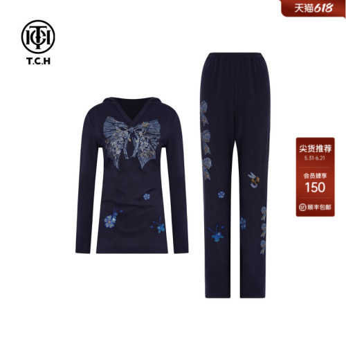 TCH烫钻时尚气质收腰显瘦连帽长袖T恤休闲裤套装T75C07E1018