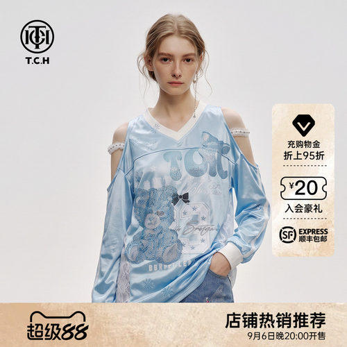 蕾丝拼接露肩烫钻V领长袖T恤女