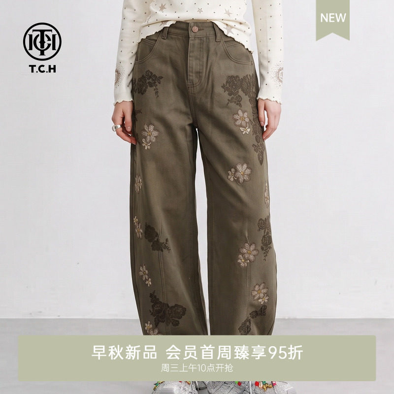 TCH美式复古重工烫钻阔腿牛仔长裤女2026秋冬新款高腰显瘦弯刀裤