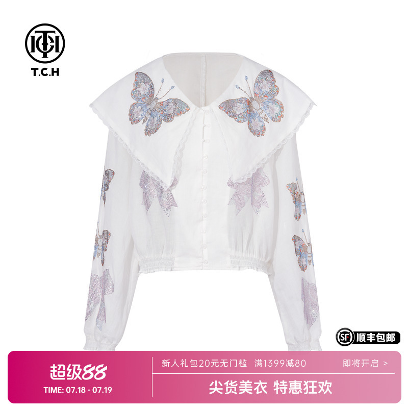 TCH私服烫钻大翻领减龄宽松显瘦亚麻衬衫女25夏季新款T75B13E5025