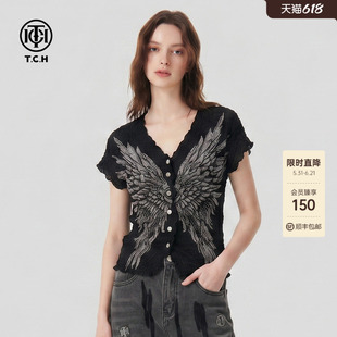 TCH烫钻天使之翼泡泡纱T恤女2026夏季新款轻熟风修身V领短袖上衣