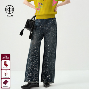 TCH25秋冬新款 女T75D20E1296 加绒满钻星空潮流高腰直筒阔腿牛仔裤