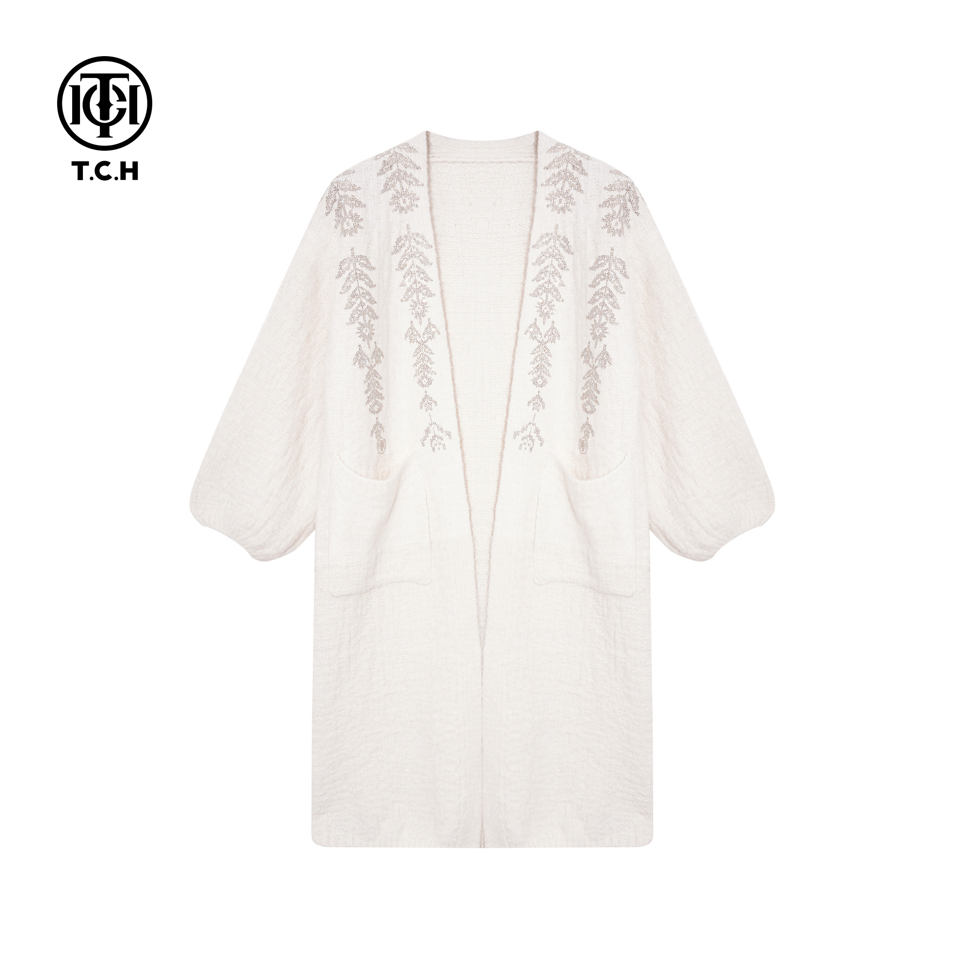 TCH时尚烫钻米色休闲慵懒风宽松百搭针织开衫外套女冬T75D43E1068