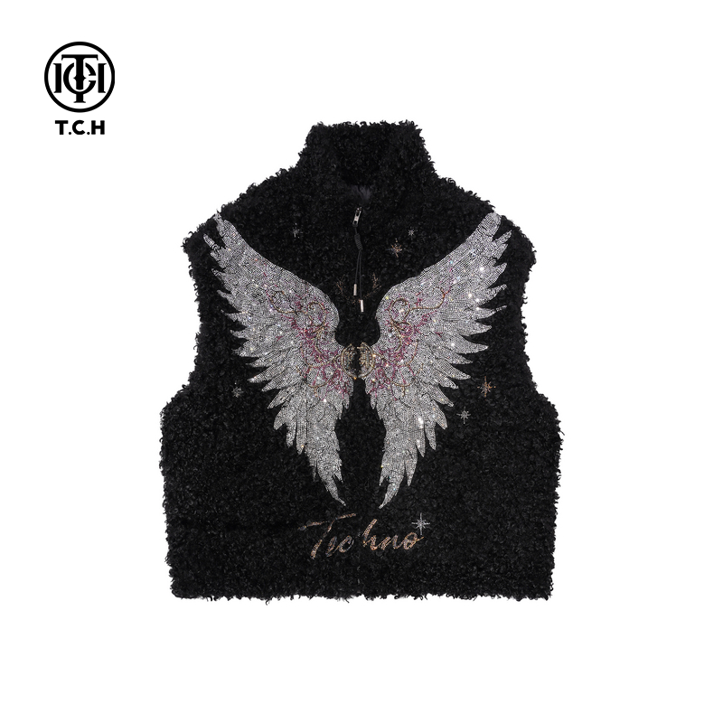TCH轻奢潮牌烫钻羽翼翅膀黑色毛毛百搭加厚马甲上衣女T75D01E5000