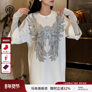 TCH可拆卸长袖烫钻天使之翼宽松甜酷风白色连衣裙女T78A30E1022