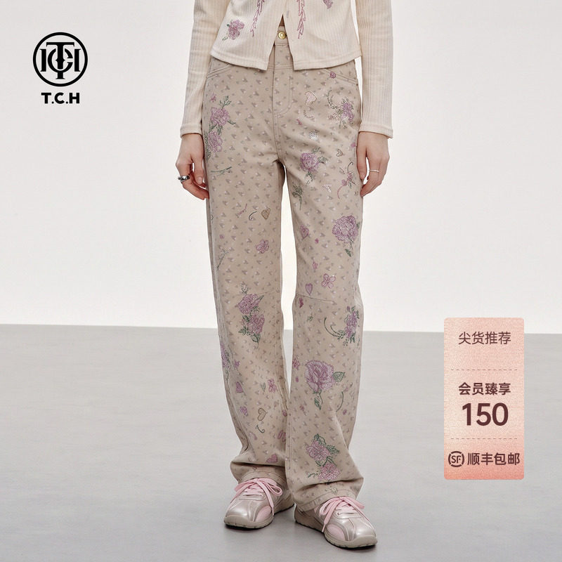 甜妹风满印碎花高腰阔腿牛仔裤女图片