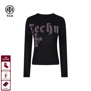 T75D09E1105 上衣女25秋冬新款 TCH私服烫钻时尚 气质百搭黑色针织衫
