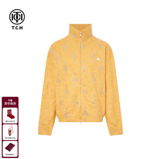 T75D27E1066 新款 TCH时尚 烫钻鹅黄色宽松针织立领外套女潮2025冬季