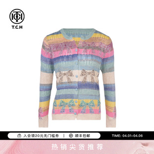 女长袖 T75A43E5007 休闲针织开衫 TCH烫钻蝴蝶结彩色条纹时尚