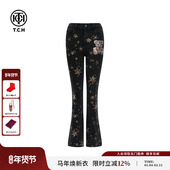 女25秋冬新款 TCH轻奢潮牌烫钻黑色微喇修身 显瘦牛仔裤 T75C20E9007