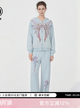 TCH烫钻蝶翼宽松连帽拉链衫外套女直筒针织裤蓝色套装T78A07E1096