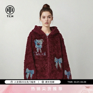 TCH新年穿搭宽松连帽烫钻小熊蝴蝶结酒红色毛毛外套女T78A27E1006