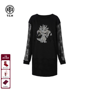 新款 气质连衣裙女25秋季 T75C30B1010 蕾丝拼接长袖 TCH私服烫钻时尚